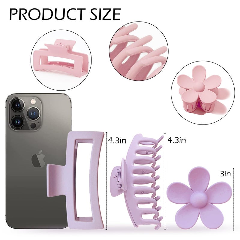JANFUN Large Hair Claw Clips 12 Pack, Flower Hair Clips for Thin Hair, Big Square Matte Strong hold for Thick Hair, 3 Styles Hair Clips for Women Thick Hair - Image 2
